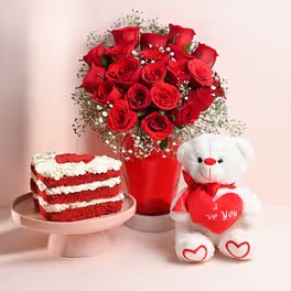Red Velvet Cake Roses N Teddy Combo